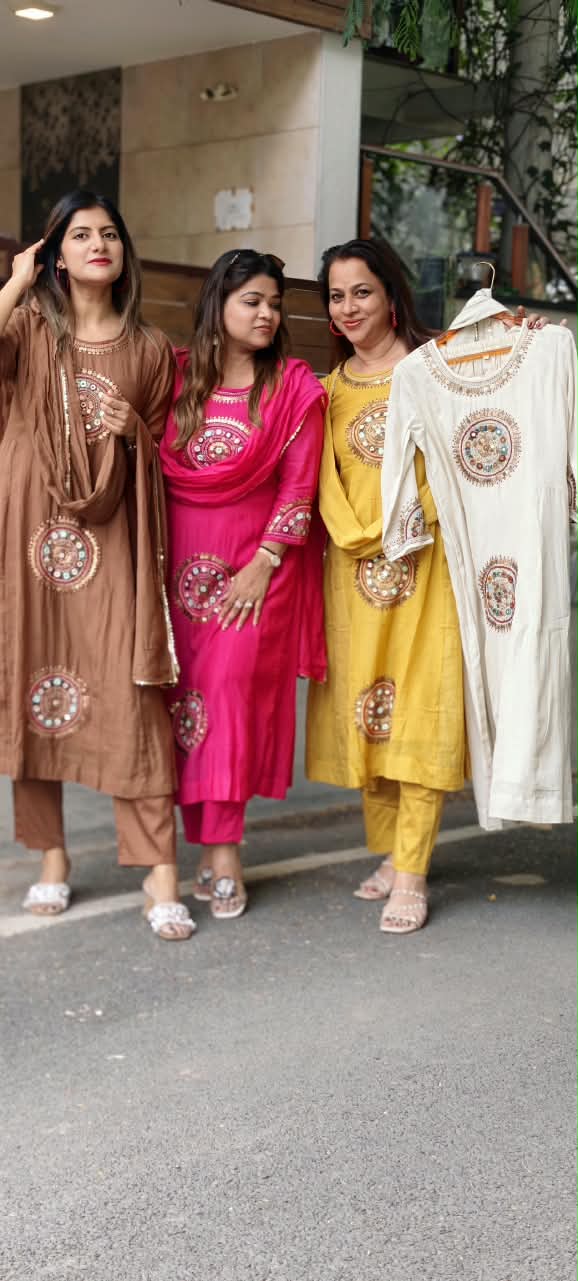 Heritage Intricate Mirror Tribal-Inspired Embroidery and Artisan Detailing Mul-Chanderi A-line Full Suit Set With Dupatta-16109