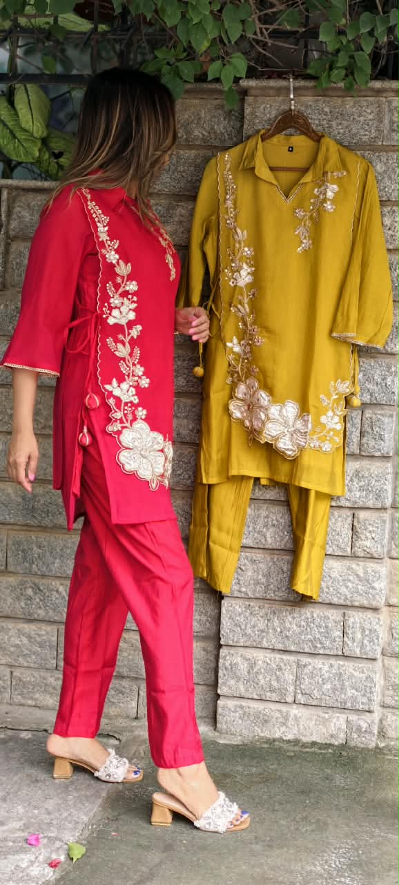 Elegant Embroidery Work Overlay Solid Collared Co-Ord Set In Mul-Chanderi Fabric- 16080