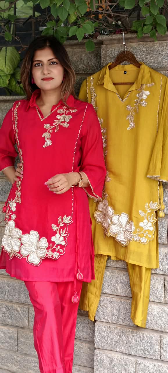 Elegant Embroidery Work Overlay Solid Collared Co-Ord Set In Mul-Chanderi Fabric- 16080
