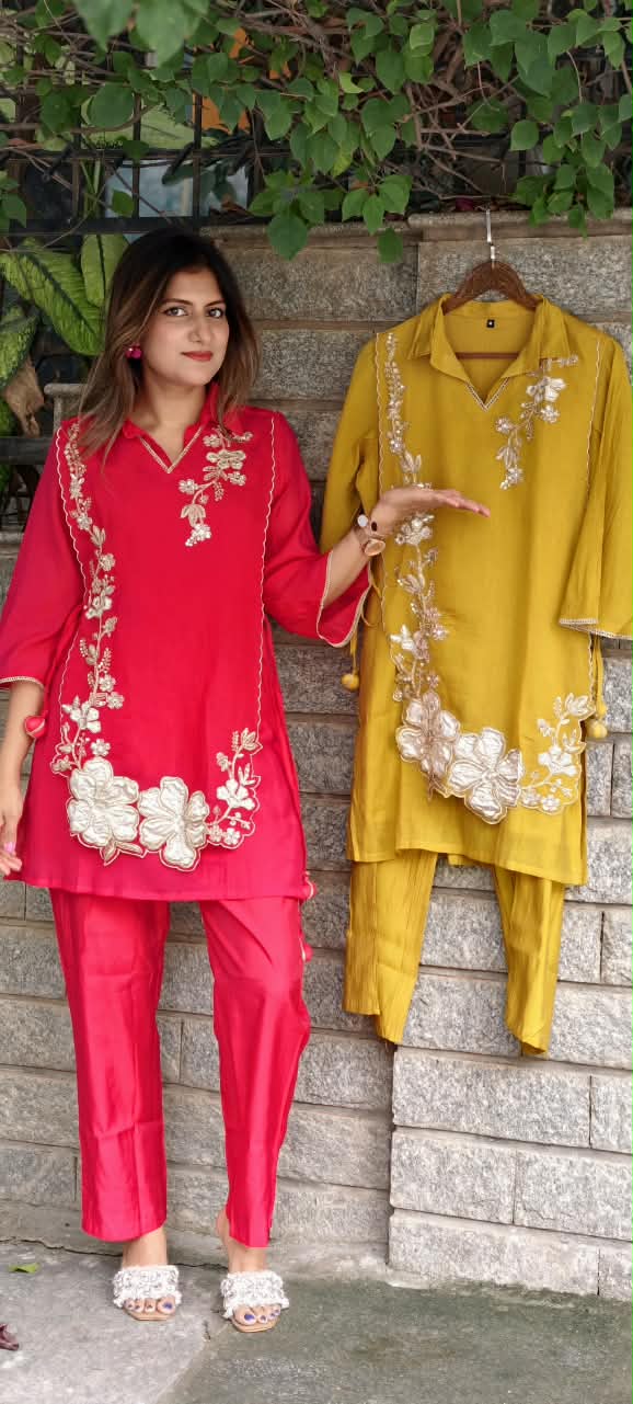 Elegant Embroidery Work Overlay Solid Collared Co-Ord Set In Mul-Chanderi Fabric- 16080