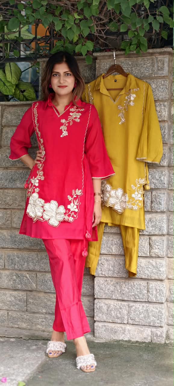 Elegant Embroidery Work Overlay Solid Collared Co-Ord Set In Mul-Chanderi Fabric- 16080