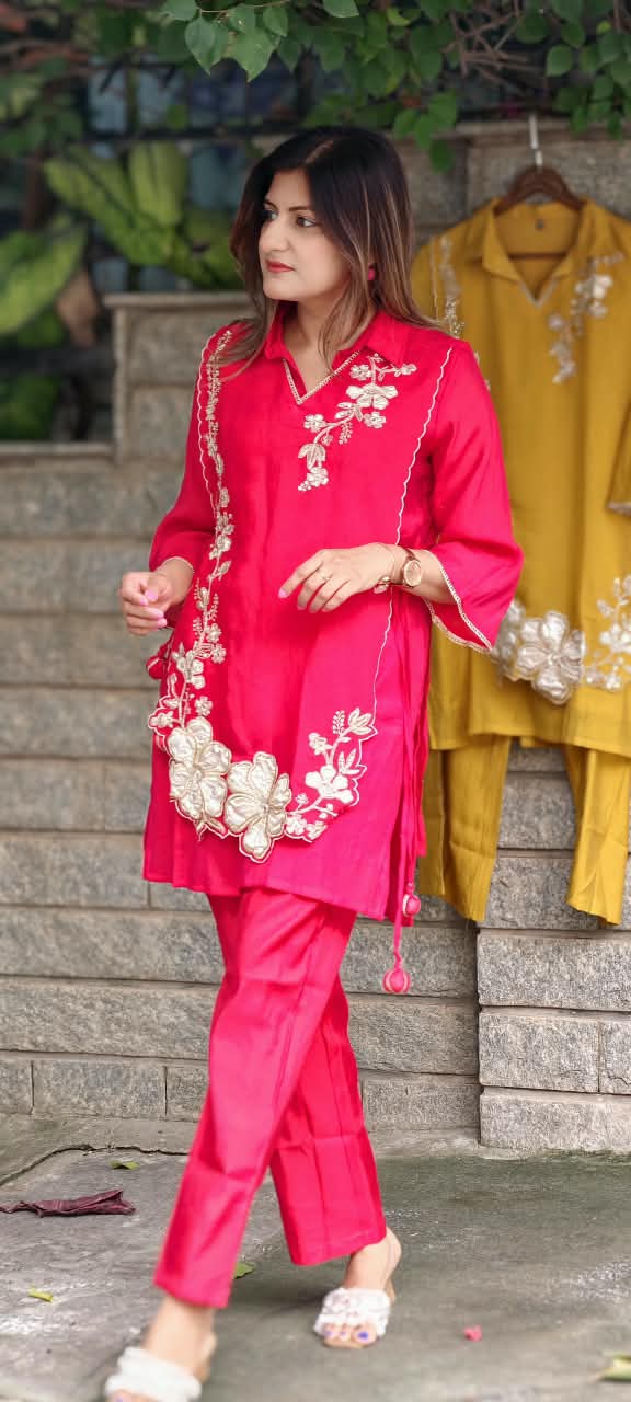 Elegant Embroidery Work Overlay Solid Collared Co-Ord Set In Mul-Chanderi Fabric- 16080