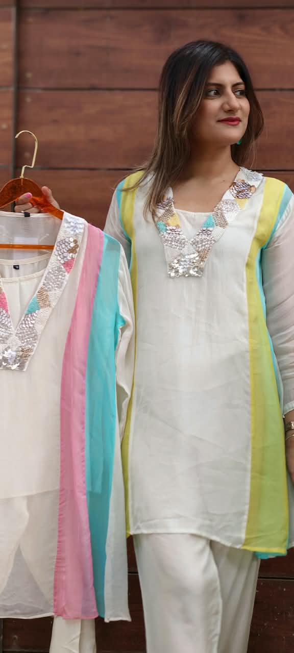 Handcrafted Neck Embroidery Royal Pastel Multicolor Panelled Kurta Pant With Inner- 15850