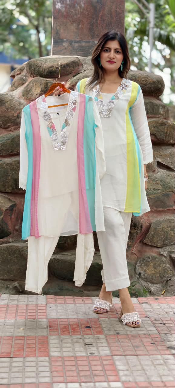 Handcrafted Neck Embroidery Royal Pastel Multicolor Panelled Kurta Pant With Inner- 15850