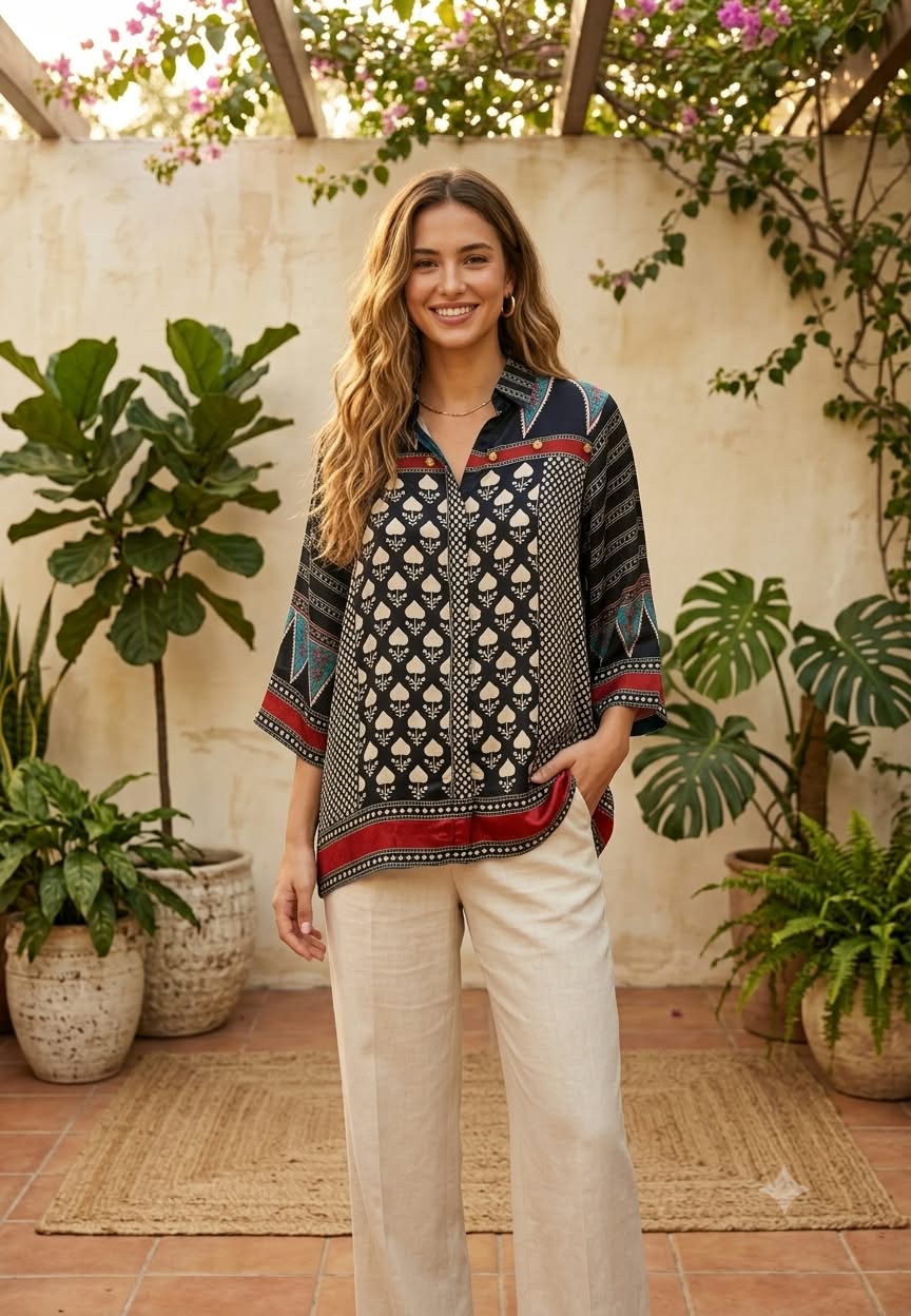 Asymmetrical Abstact Prints Bold Shade Crepe Shirt- 15434, 15634
