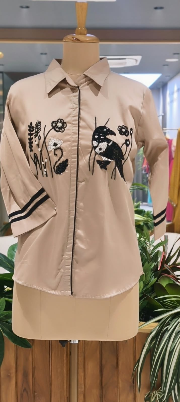 Dusty Rose Pink Collared Button-Down High-Low Tunic with Black Embroidered Bird & Botanical Chest Motifs- 16118
