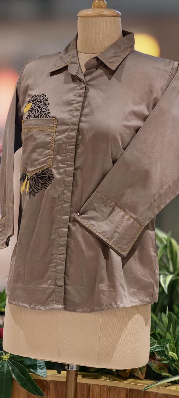Taupe Mocha Brown Collared Button-Down Tunic Shirt with Embroidered Eagle Chest Pocket Detail- 16119