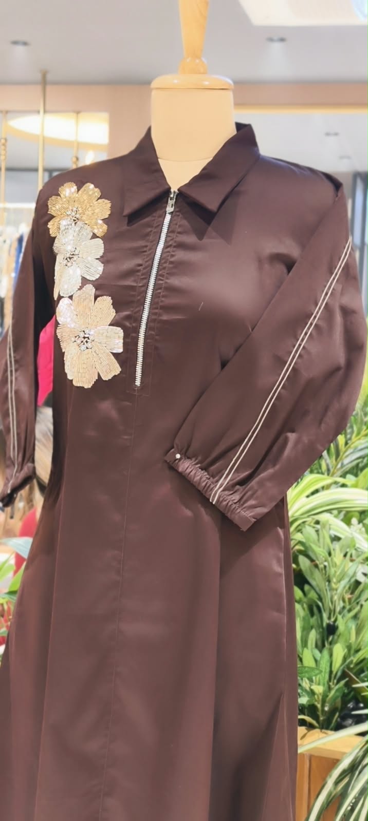 Dark Brown & Green Collared Long Tunic Dress with Metallic Sequined Floral Appliqué and Front Zipper- 16113