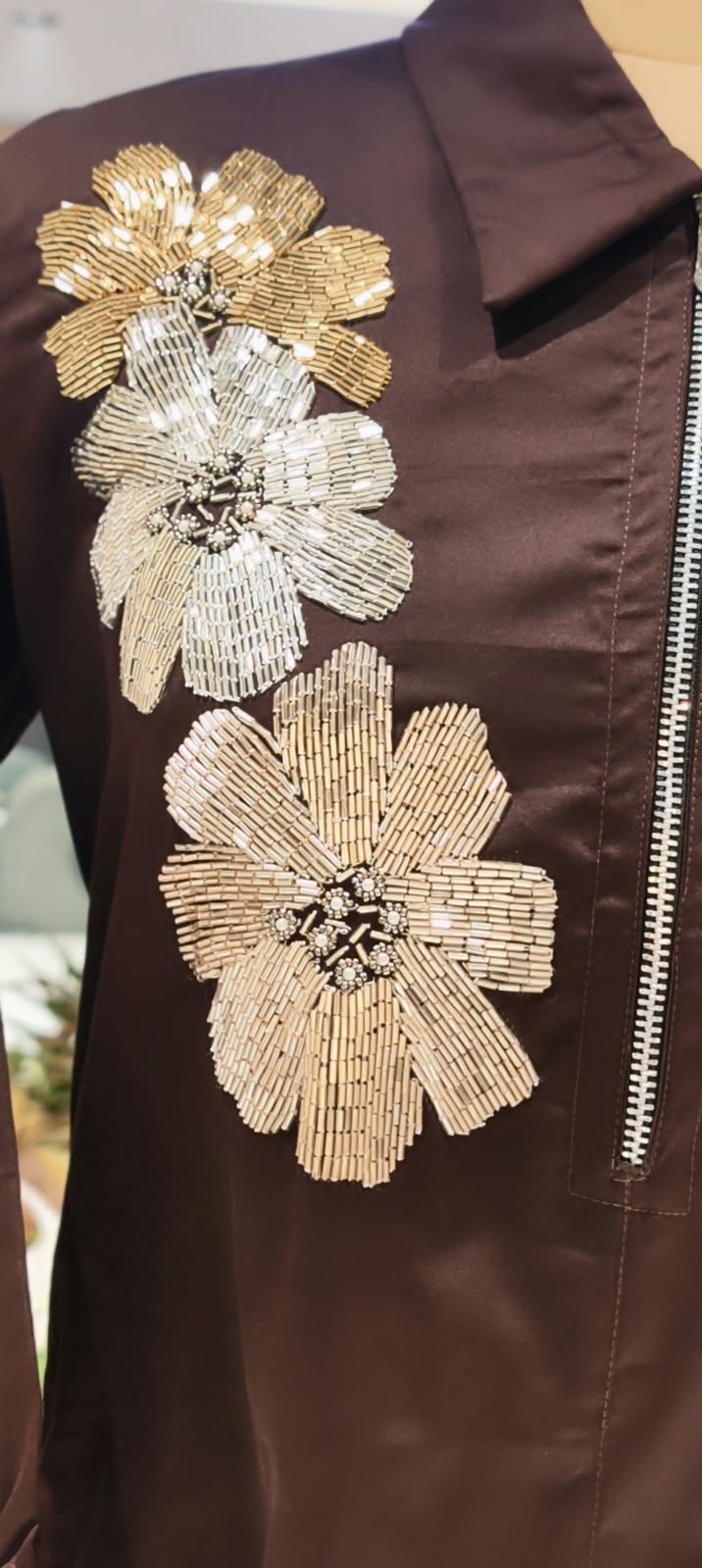 Dark Brown & Green Collared Long Tunic Dress with Metallic Sequined Floral Appliqué and Front Zipper- 16113