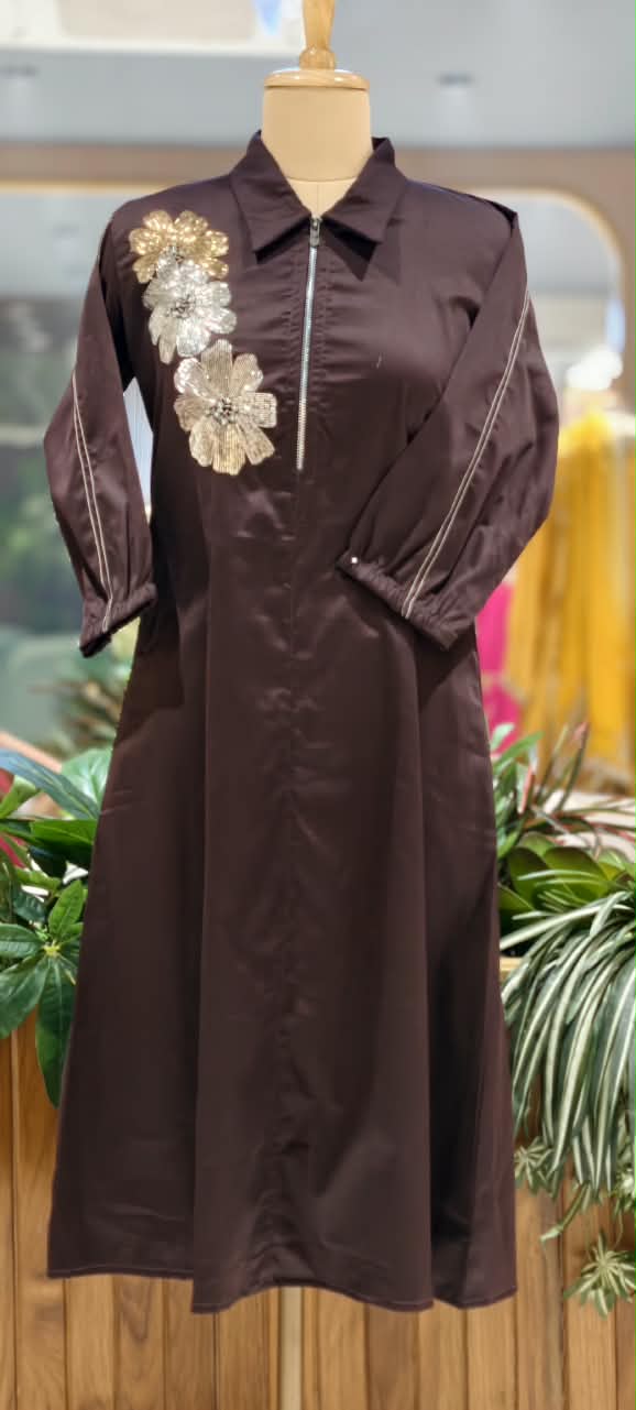 Dark Brown & Green Collared Long Tunic Dress with Metallic Sequined Floral Appliqué and Front Zipper- 16113