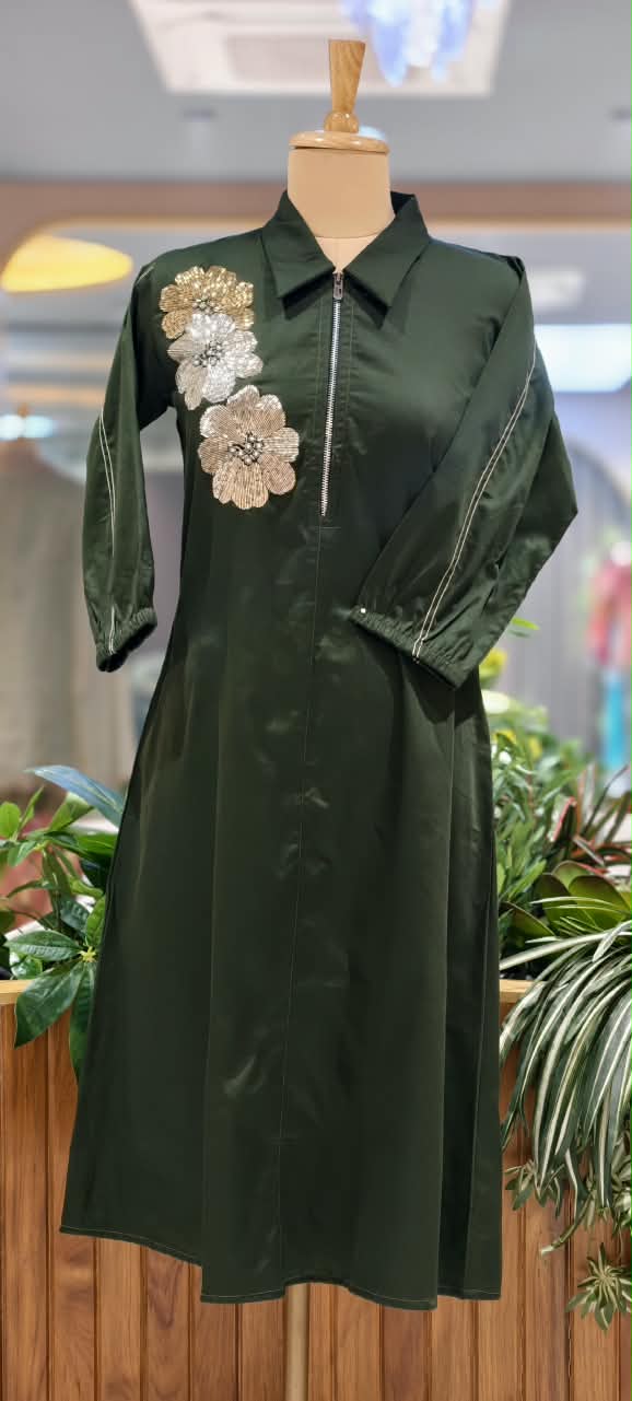 Dark Brown & Green Collared Long Tunic Dress with Metallic Sequined Floral Appliqué and Front Zipper- 16113