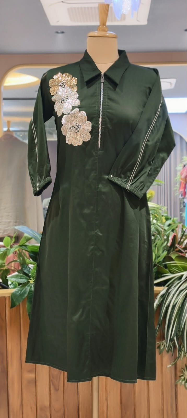 Dark Brown & Green Collared Long Tunic Dress with Metallic Sequined Floral Appliqué and Front Zipper- 16113