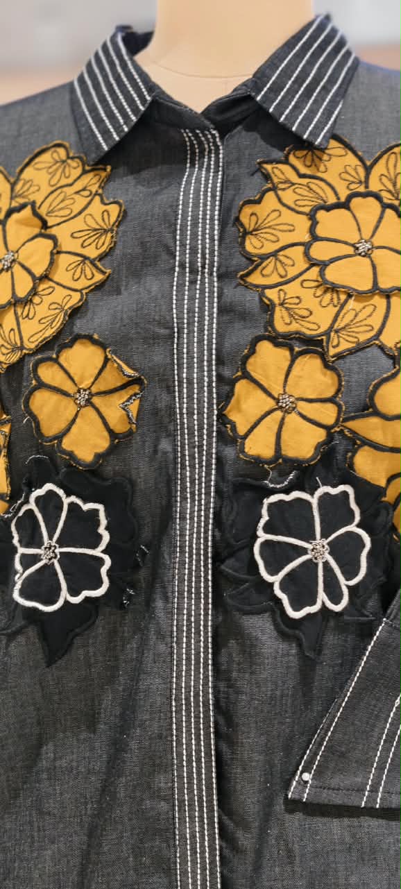 Denim Two-Piece Co-ord Set with Oversized Mustard Yellow and Black Floral Embellishments- 16111