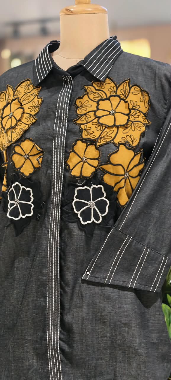 Denim Two-Piece Co-ord Set with Oversized Mustard Yellow and Black Floral Embellishments- 16111