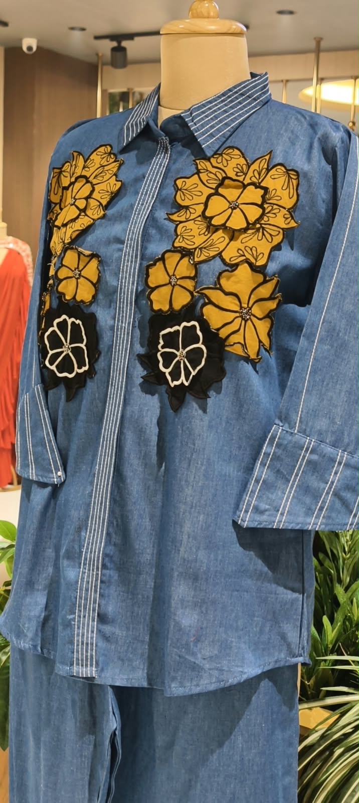 Denim Two-Piece Co-ord Set with Oversized Mustard Yellow and Black Floral Embellishments- 16111