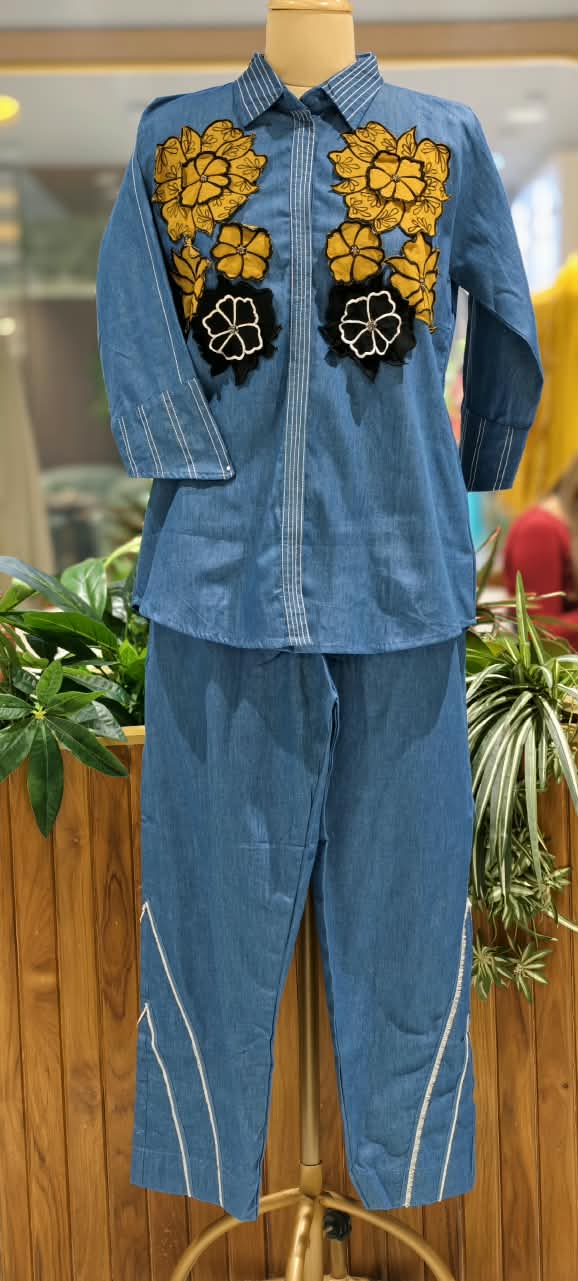 Denim Two-Piece Co-ord Set with Oversized Mustard Yellow and Black Floral Embellishments- 16111