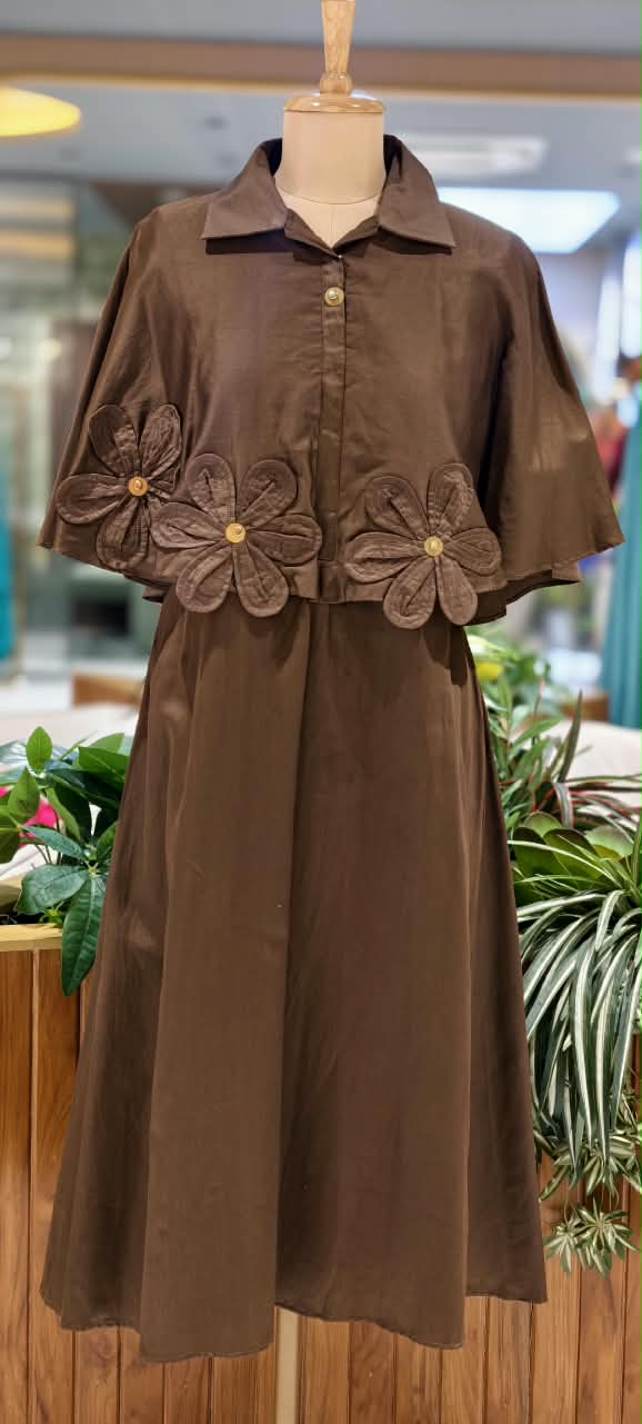 Glaze Cotton Western Style Stylish Floral Cut-Work Stunning Buttoned Accent Frock-15842