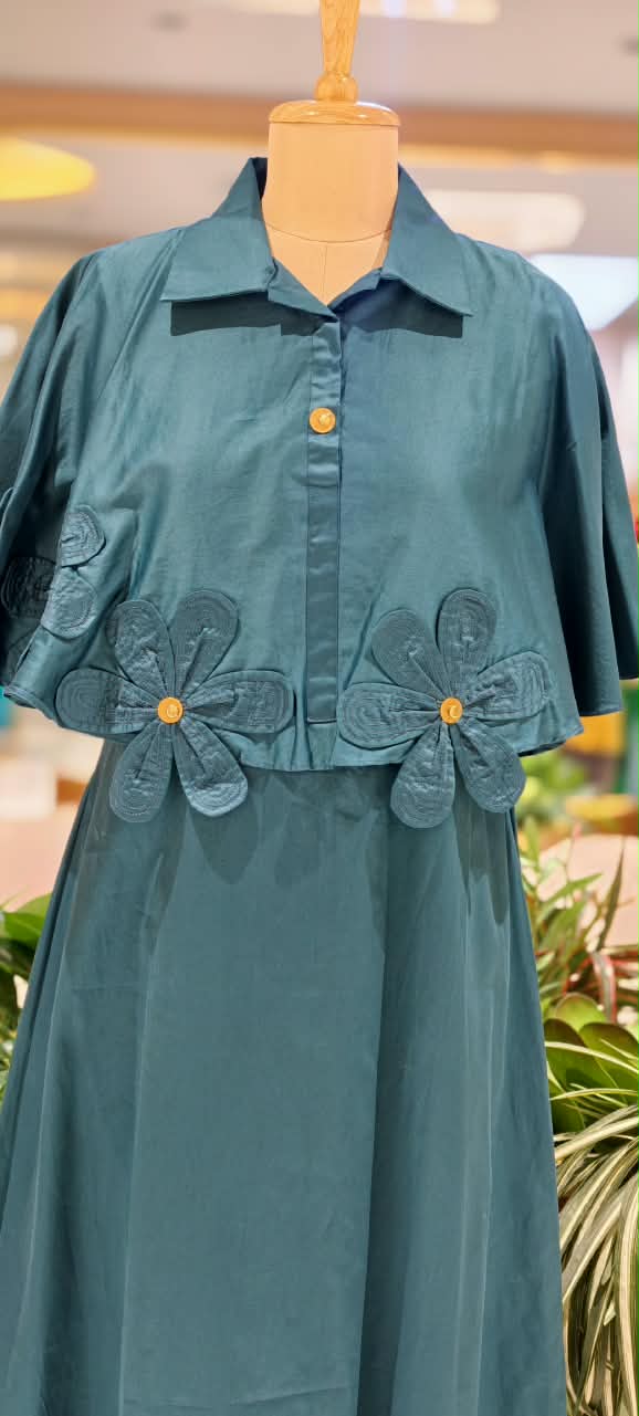 Glaze Cotton Western Style Stylish Floral Cut-Work Stunning Buttoned Accent Frock-15842