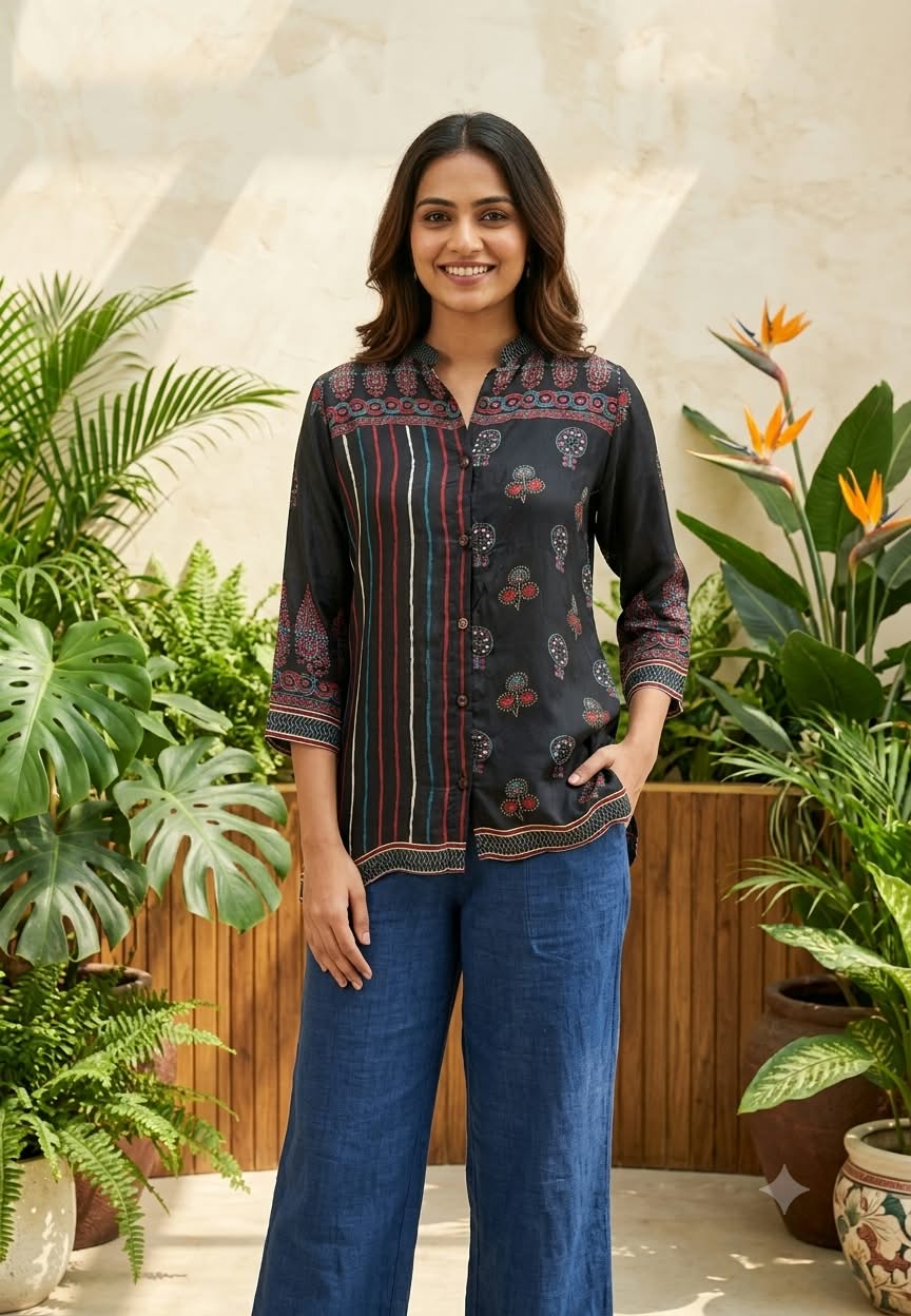 Multicolor Floral Block Prints lack Base Crepe Shirt- 14001