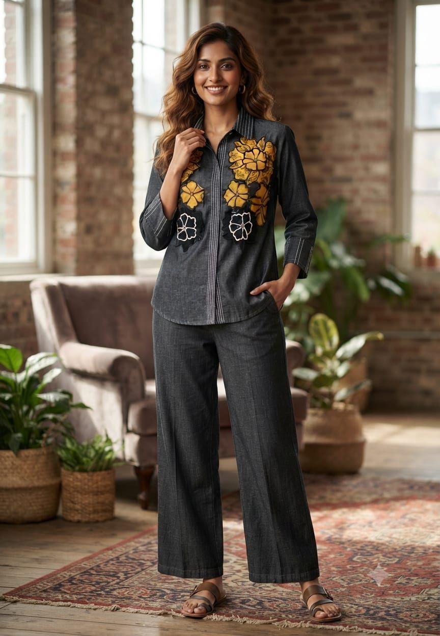 Denim Two-Piece Co-ord Set with Oversized Mustard Yellow and Black Floral Embellishments- 16111