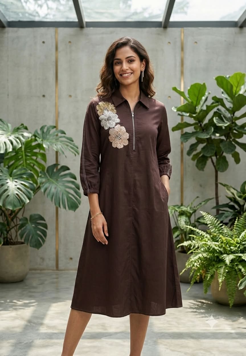Dark Brown & Green Collared Long Tunic Dress with Metallic Sequined Floral Appliqué and Front Zipper- 16113