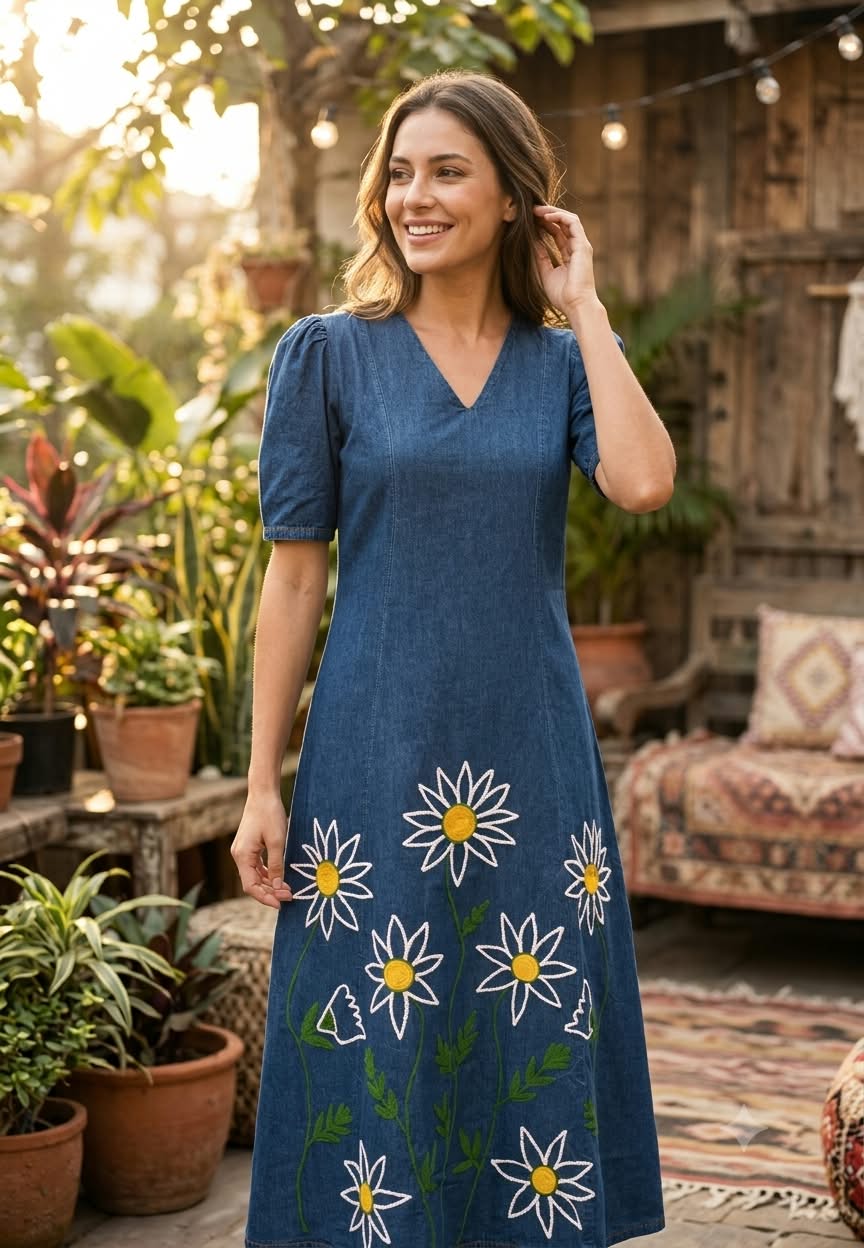 Giant Graceful Mustard Floral Embroidered Denim Frock With Puff Sleeve- 16021