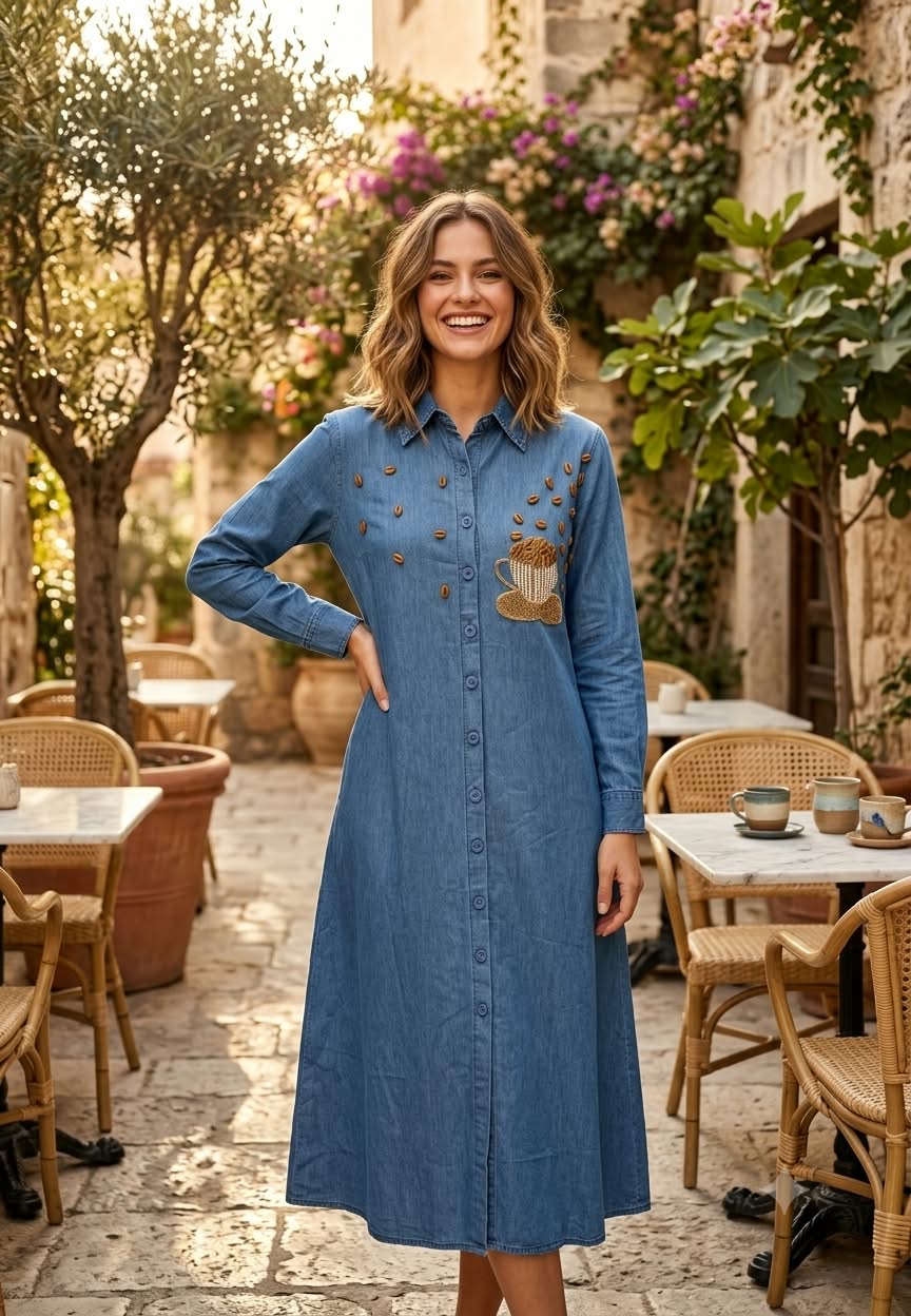 Coffee Bean Shiny Embellishment Work Cute Mofits Denim Ankle Length Frock- 16022