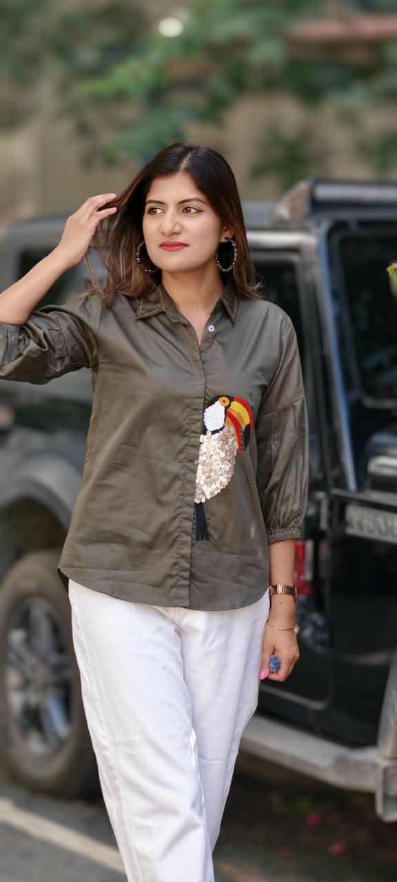 Collared Button-Down Shirt featuring Sequined Toucan Bird Motif Patch & Gathered Balloon Sleeves- 16115