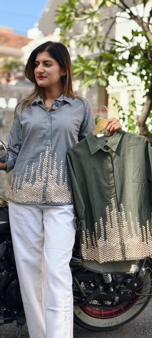 Green Grey Collared High-Low Tunic Top with Metallic Gold Bead & Stud Embellished Hem- 16114