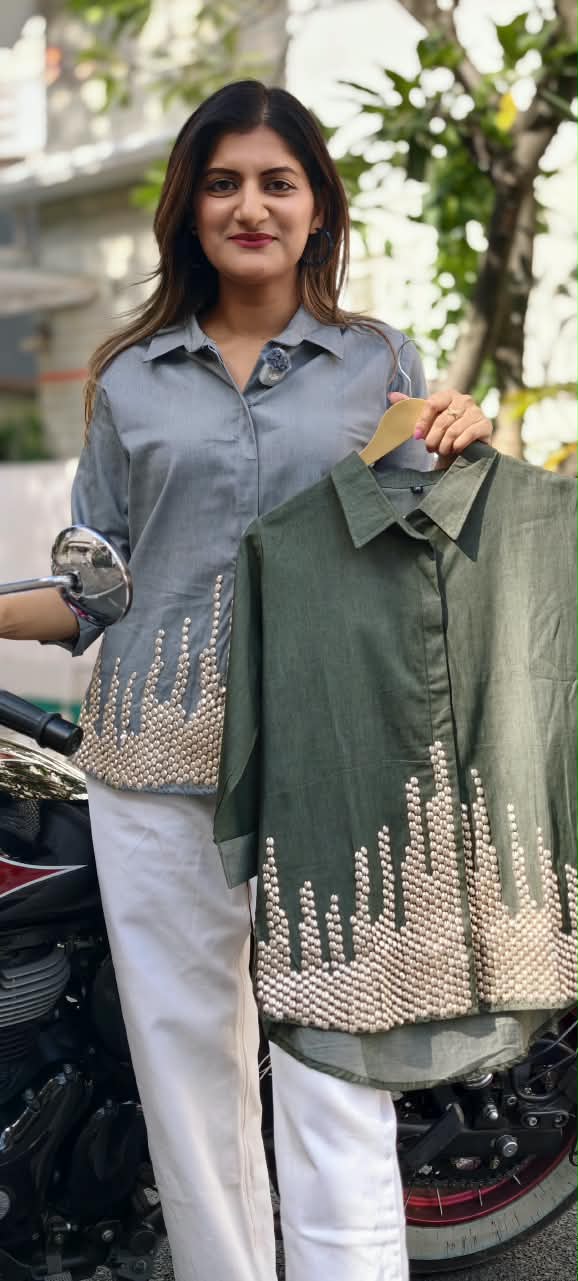 Green Grey Collared High-Low Tunic Top with Metallic Gold Bead & Stud Embellished Hem- 16114