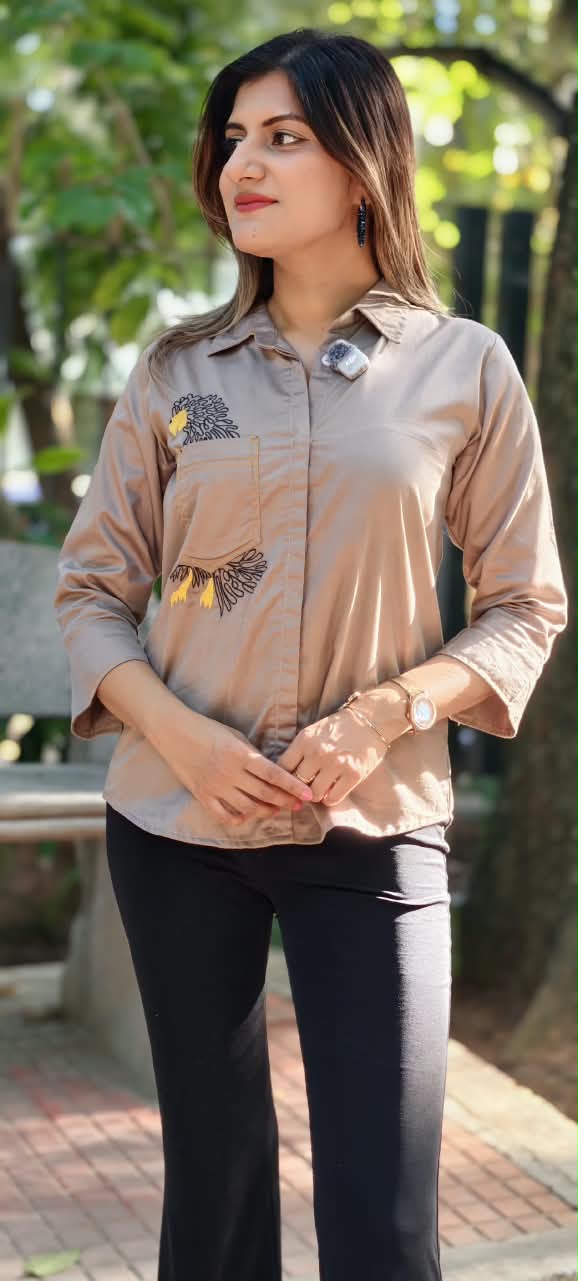 Taupe Mocha Brown Collared Button-Down Tunic Shirt with Embroidered Eagle Chest Pocket Detail- 16119