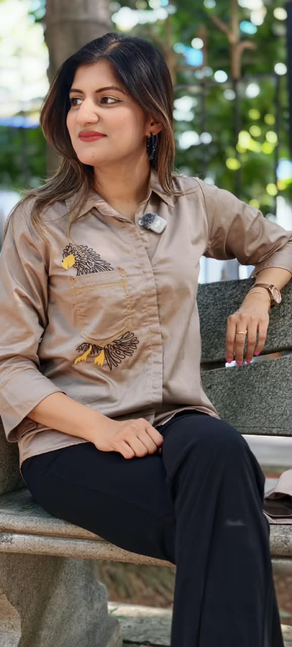 Taupe Mocha Brown Collared Button-Down Tunic Shirt with Embroidered Eagle Chest Pocket Detail- 16119