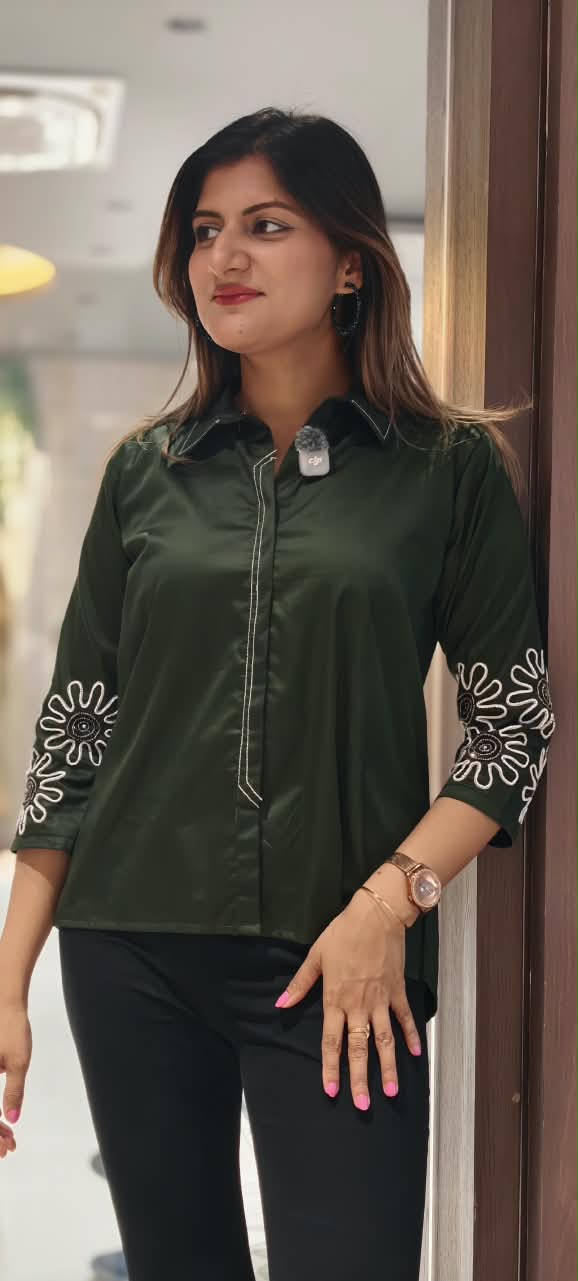 Dark Green Collared High-Low Tunic Shirt with White Contrast Stitching & Floral Sunburst Sleeve Embroidery- 16117