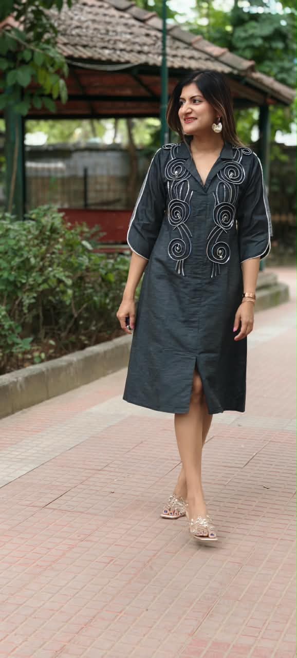 Dark Shade Longline Denim Shirt Dress with Statement Spiral Zipper Embellishments and Metallic Accents- 16112