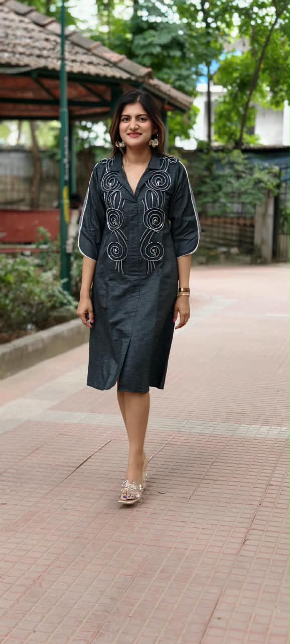 Dark Shade Longline Denim Shirt Dress with Statement Spiral Zipper Embellishments and Metallic Accents- 16112