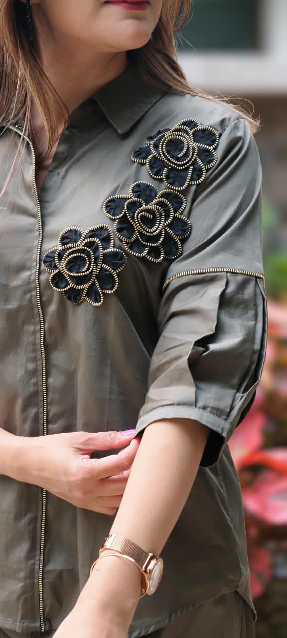 Collared Shirt and Trouser Co-ord Set with Unique Coil-Zipper Floral Embroidery Details- 16110
