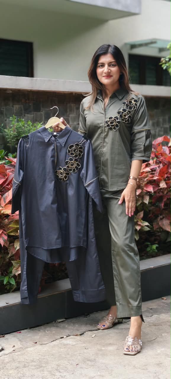Collared Shirt and Trouser Co-ord Set with Unique Coil-Zipper Floral Embroidery Details- 16110