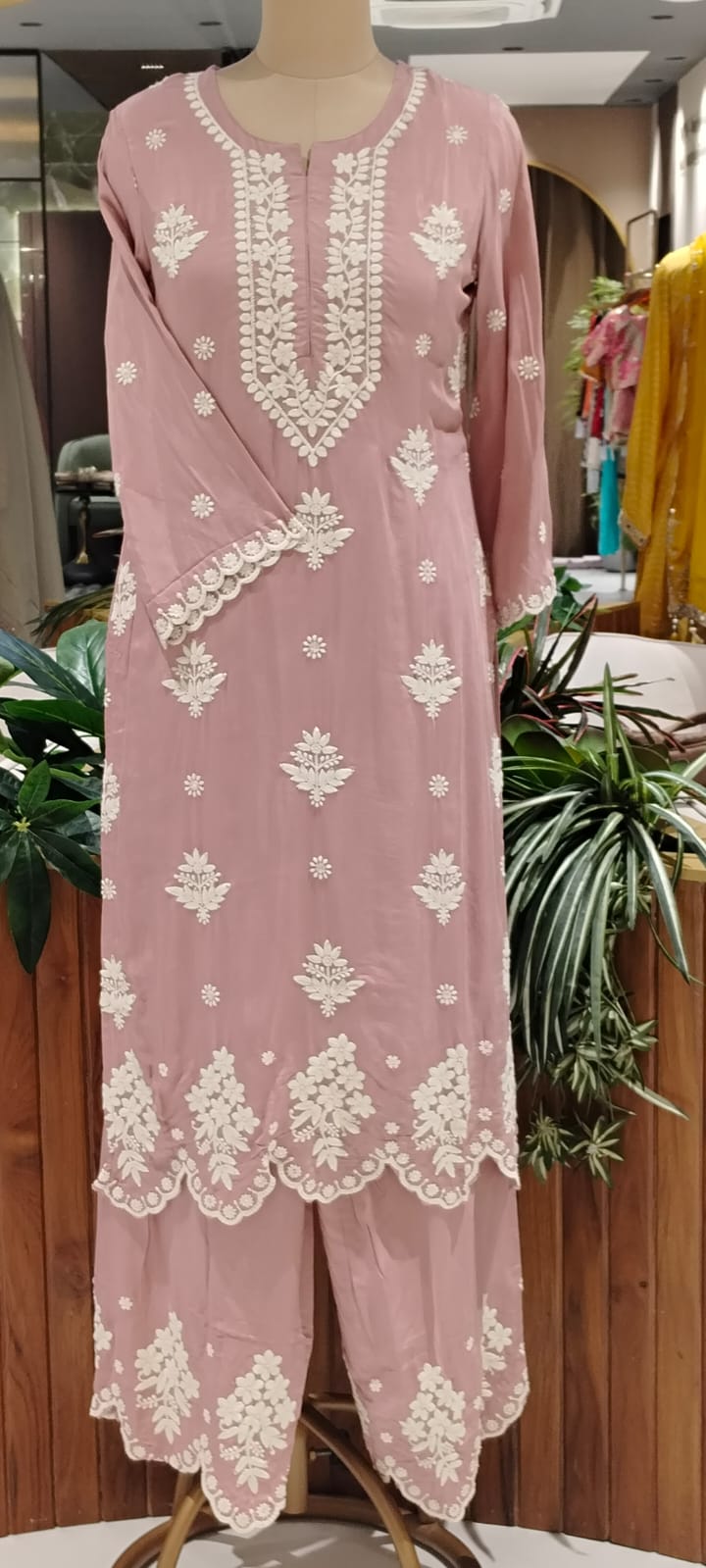 Chikankari Thread Embroidered Pastel Shades Full Suit Set With Dupatta In Muslin Fabric- 16091