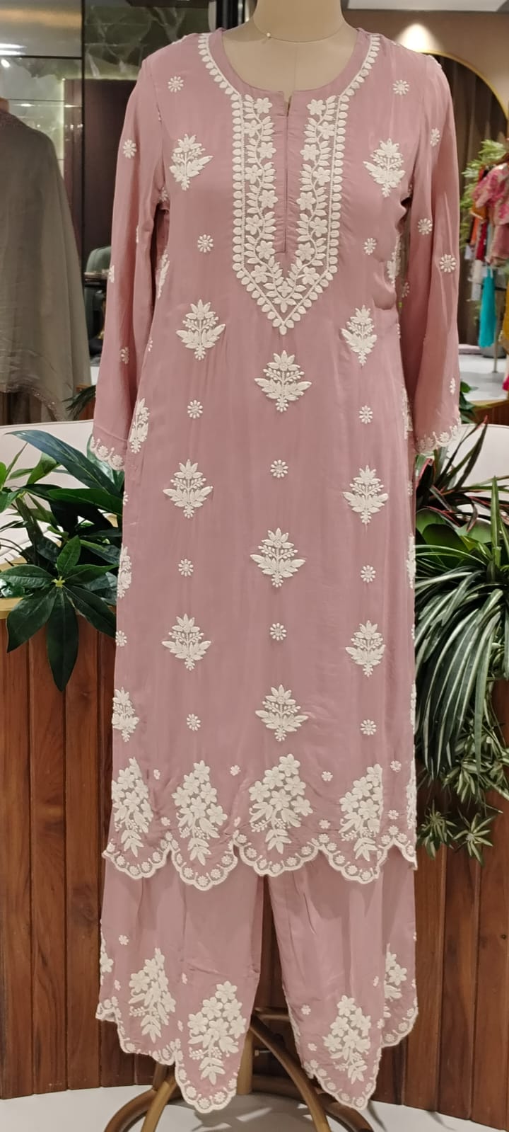 Chikankari Thread Embroidered Pastel Shades Full Suit Set With Dupatta In Muslin Fabric- 16091