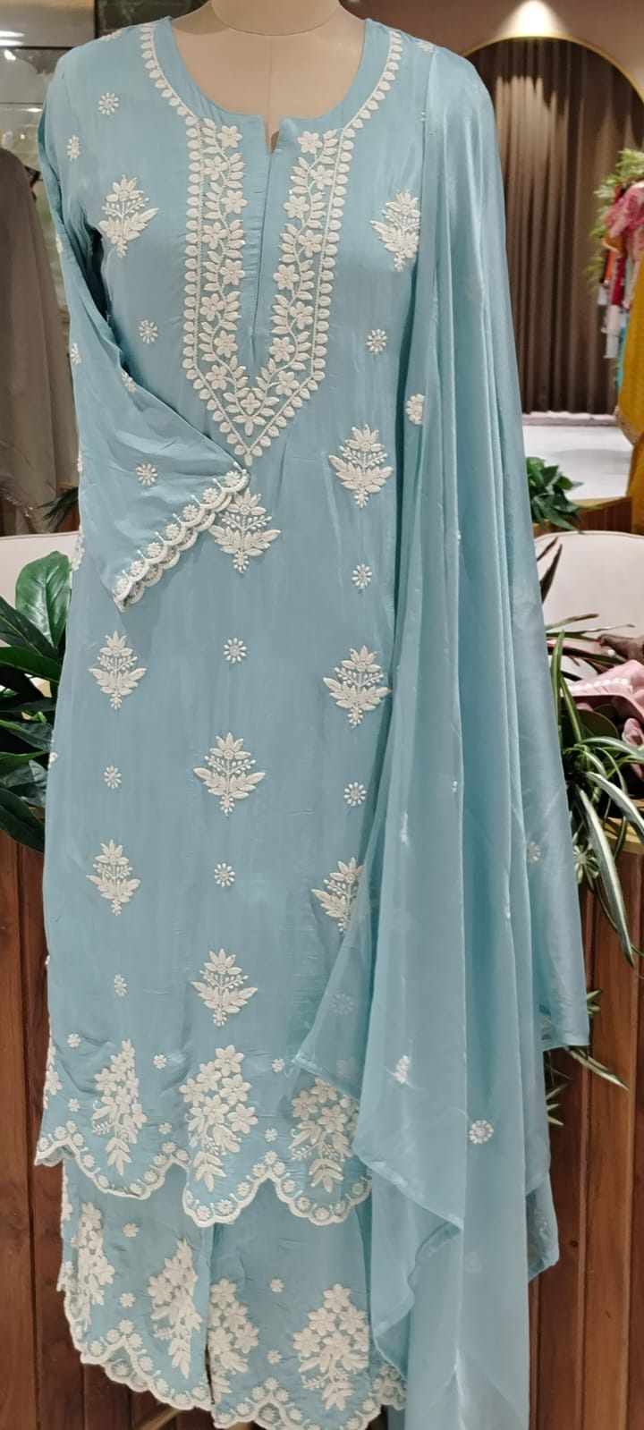 Chikankari Thread Embroidered Pastel Shades Full Suit Set With Dupatta In Muslin Fabric- 16091