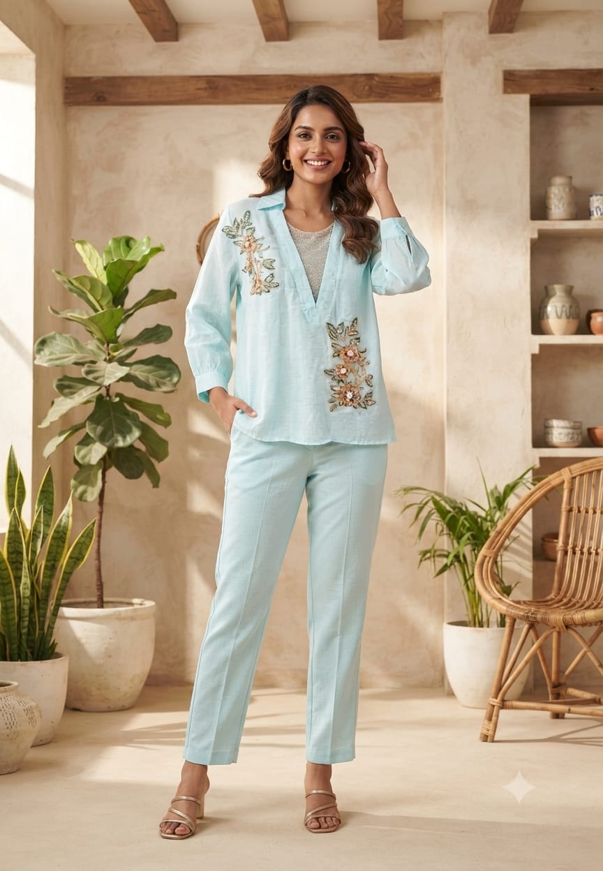 Elegant Floral Embroidery Patched Shimmer Jewel Imported Western Only Top- 16164