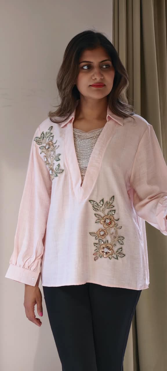 Elegant Floral Embroidery Patched Shimmer Jewel Imported Western Only Top- 16164