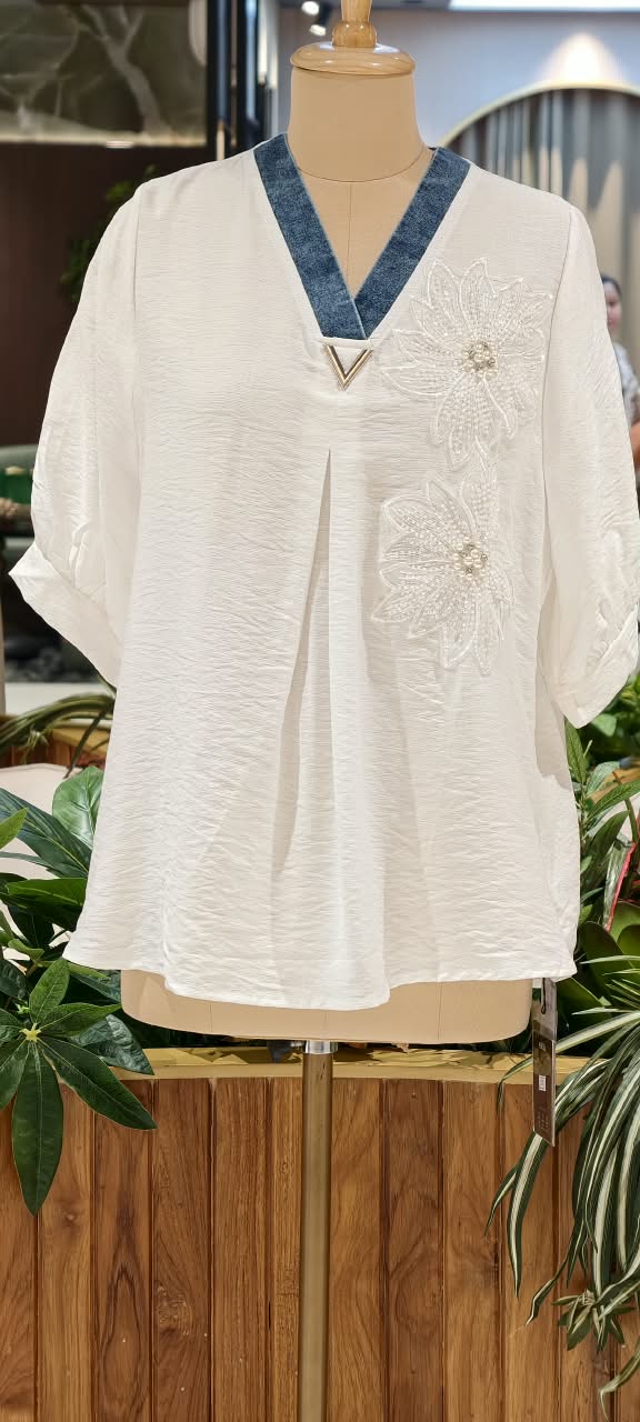 Floral Pearl Detailing Popped Over Sized Imported Western Top- 16147