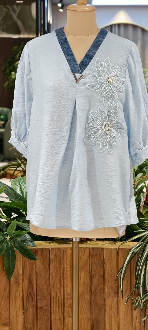 Floral Pearl Detailing Popped Over Sized Imported Western Top- 16147