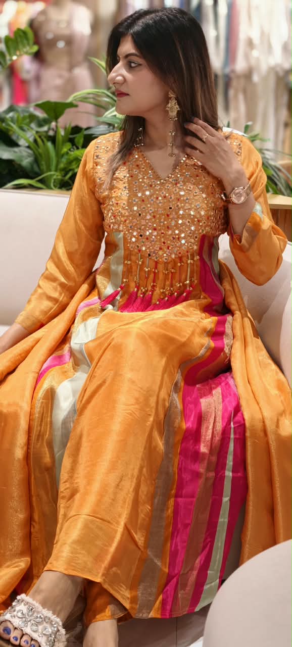 Orange Tissue Mirror Work Panel Anarkali Full Suit Set with Ghungroo Tassel Yoke Detailing & Striped Side Panels- 16231