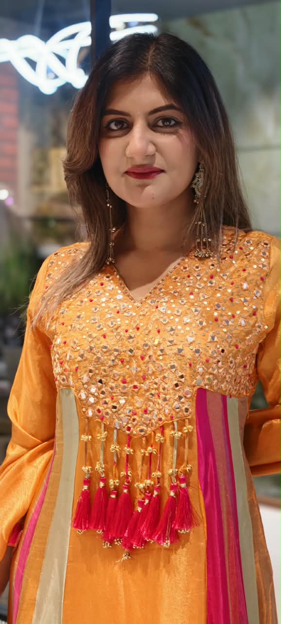 Orange Tissue Mirror Work Panel Anarkali Full Suit Set with Ghungroo Tassel Yoke Detailing & Striped Side Panels- 16231