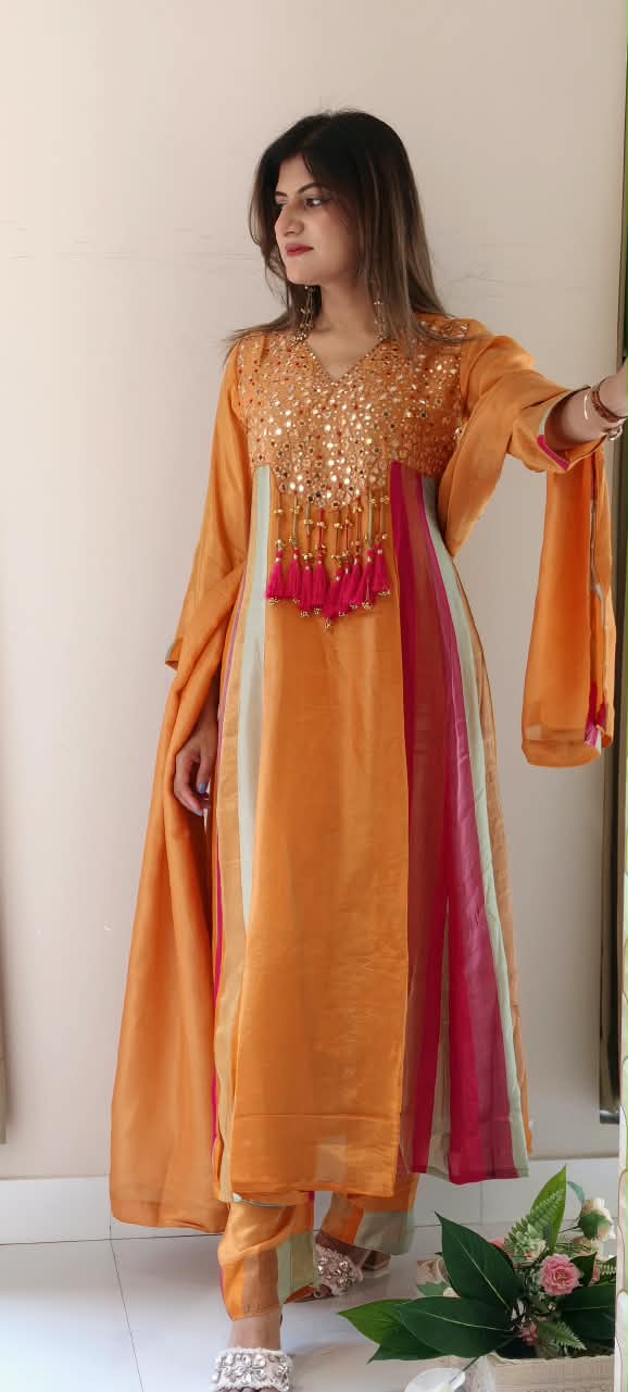 Orange Tissue Mirror Work Panel Anarkali Full Suit Set with Ghungroo Tassel Yoke Detailing & Striped Side Panels- 16231