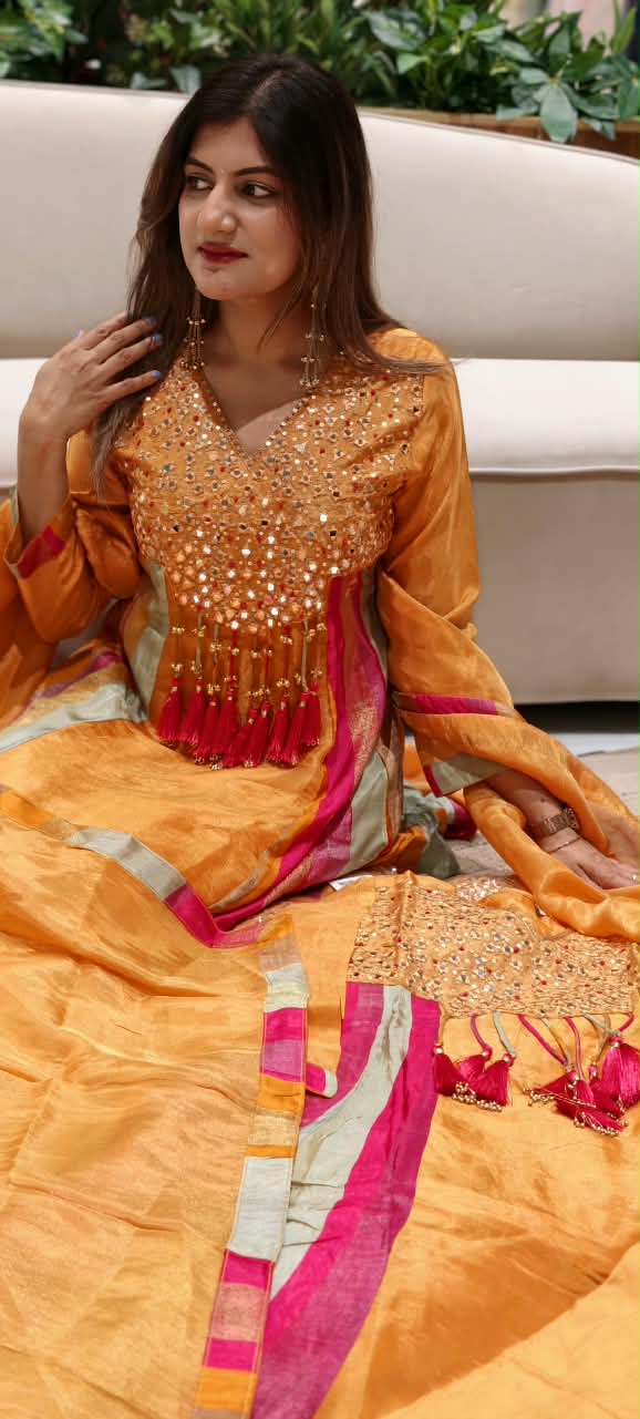 Orange Tissue Mirror Work Panel Anarkali Full Suit Set with Ghungroo Tassel Yoke Detailing & Striped Side Panels- 16231