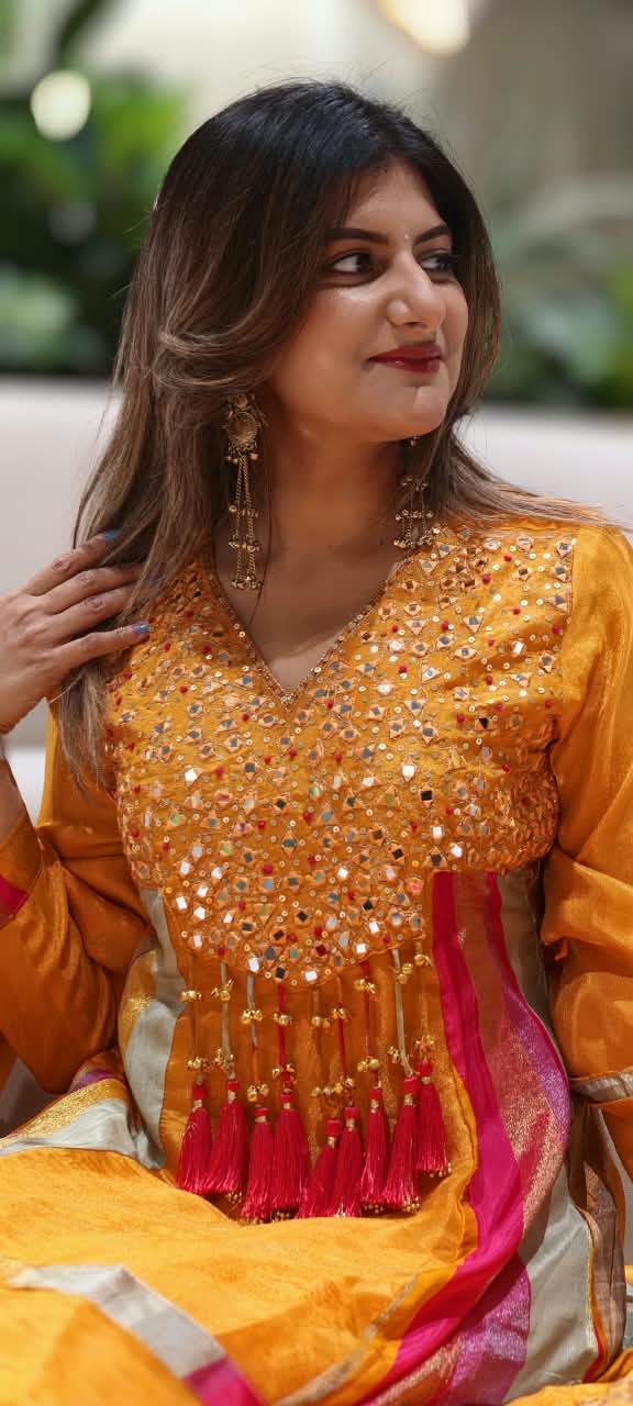 Orange Tissue Mirror Work Panel Anarkali Full Suit Set with Ghungroo Tassel Yoke Detailing & Striped Side Panels- 16231