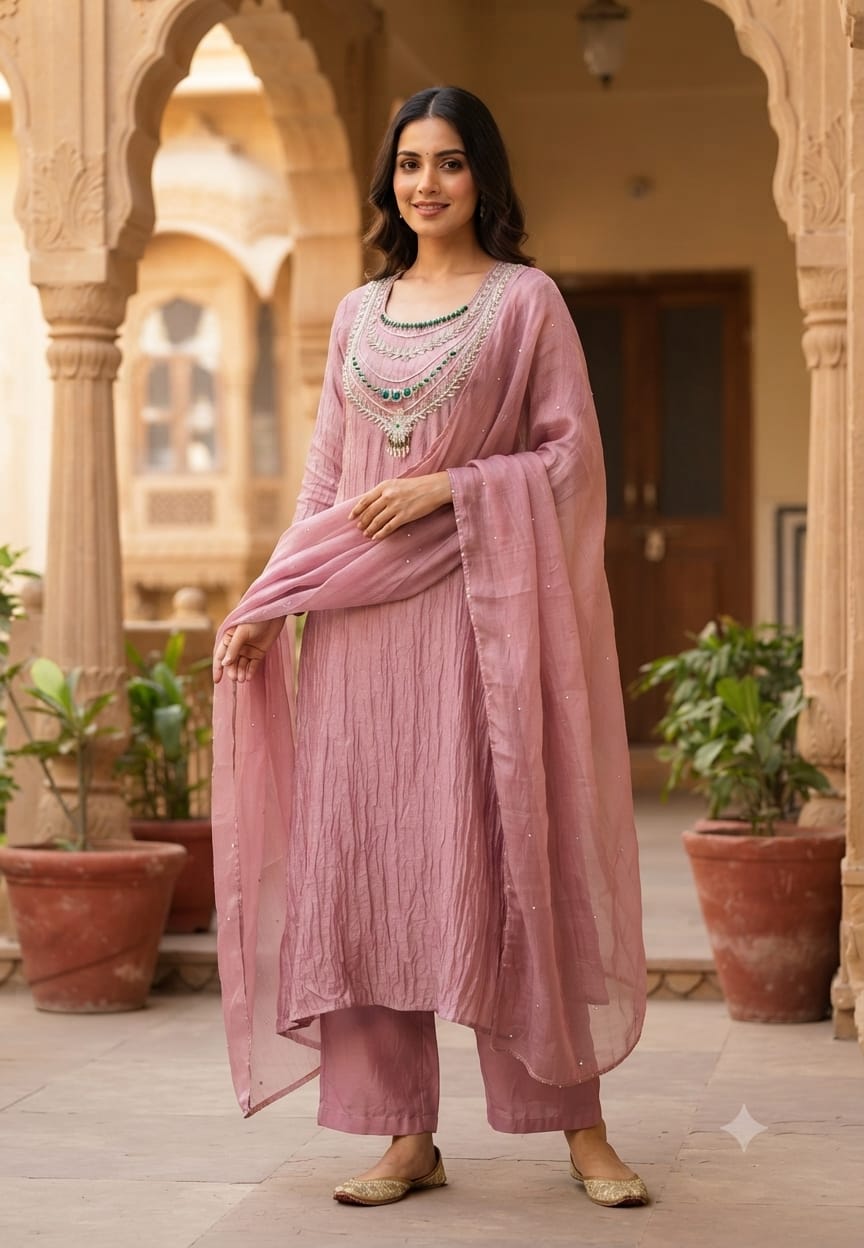 Premium Jewel Stone Zardosi Embroidery Over Yoke A-Line Crush Tissue Full Suit Set With Dupatta- 16236